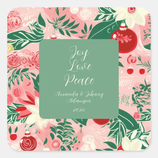 Pink Green Joy Love Peace Floral Christmas Vierkante Sticker (Voorkant)