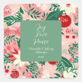 Pink Green Joy Love Peace Floral Christmas Vierkante Sticker