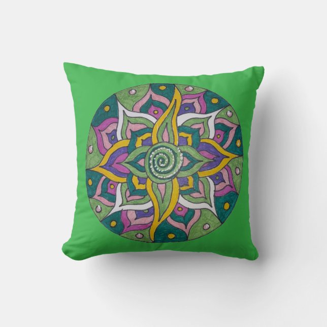 Pink/Green Lotus Mandala Throw Pillow Kussen (Voorkant)
