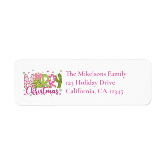 Pink Green Merry Christmas Return Address Etiket (Voorkant)