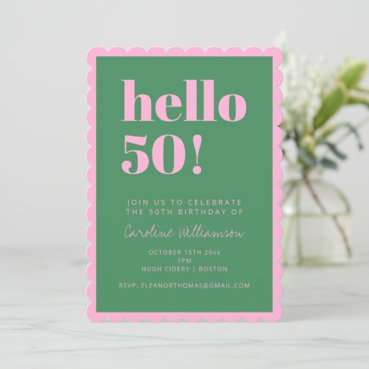 Pink Green Modern 50th Scalloped Birthday Party Kaart (Staand voorkant)
