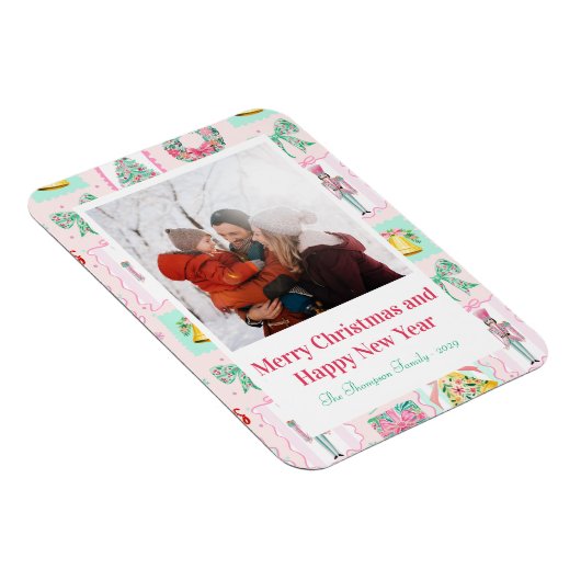 Pink & Green Nutcracker Custom Christmas Photo  Magneet (Rechterzijde)