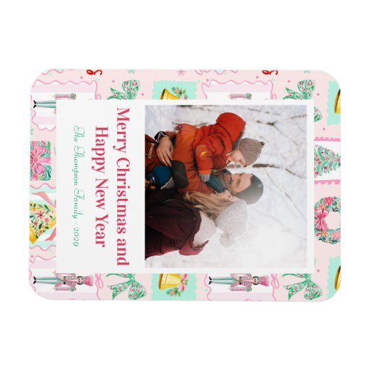 Pink & Green Nutcracker Custom Christmas Photo  Magneet (Horizontaal)