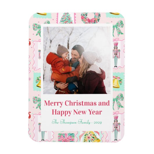 Pink & Green Nutcracker Custom Christmas Photo  Magneet (Verticaal)