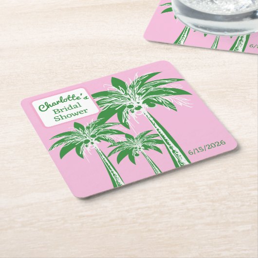 Pink Green Palm Tree Bridal Shower Script Name Kartonnen Onderzetters (Schuin)