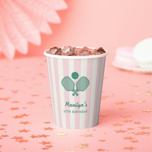 Pink Green Preppy Pickleball Birthday Party Papieren Bekers (Insitu)