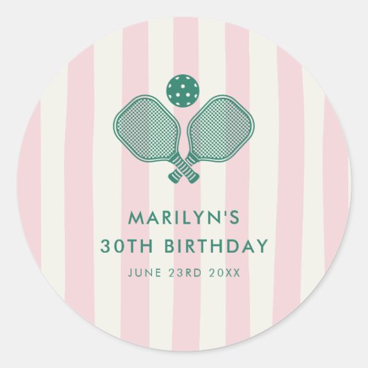Pink Green Preppy Pickleball Verjaardagsfeestje Ronde Sticker (Voorkant)