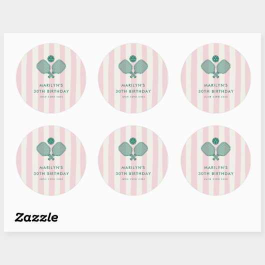 Pink Green Preppy Pickleball Verjaardagsfeestje Ronde Sticker (Vel)