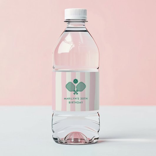 Pink Green Preppy Pickleball Verjaardagsfeestje Waterfles Etiket