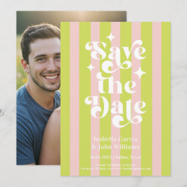Pink Green Retro Typography Wedding Save The Date Aankondiging