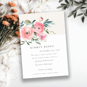 Pink Green Roos Orchid Waterverf Floral Wedding RSVP Kaartje