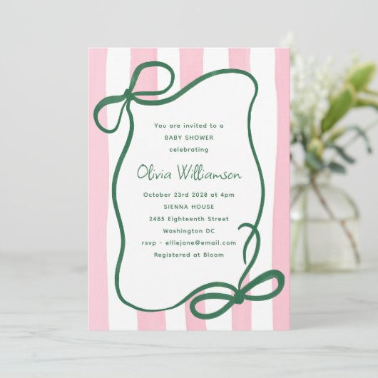 Pink Green Striped Bow Cute Baby Shower Whimsical Kaart (Staand voorkant)