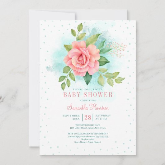 Pink Green Turquoise Ombre Floral Waterverf Roos Kaart (Voorkant)