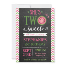 Pink Green Two Sweet Melon 2nd Birthday Invitation