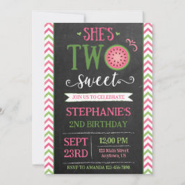 Pink Green Two Sweet Melon 2nd Birthday Invitation Kaart
