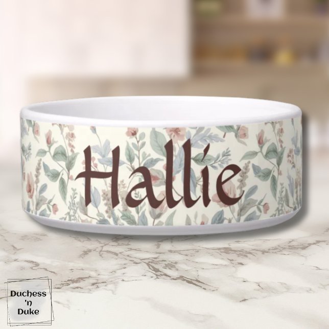 Pink Green Vintage Floral Pattern Pet  Voerbakje (Pink Green Vintage Floral Pattern Garden Style Bowl)