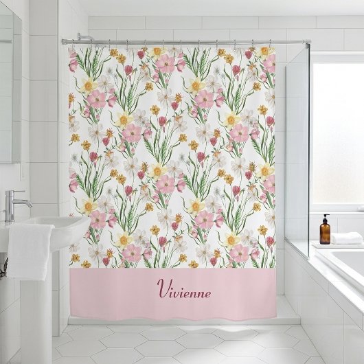 Pink Green Watercolor Wildflower Monogram Douchegordijn