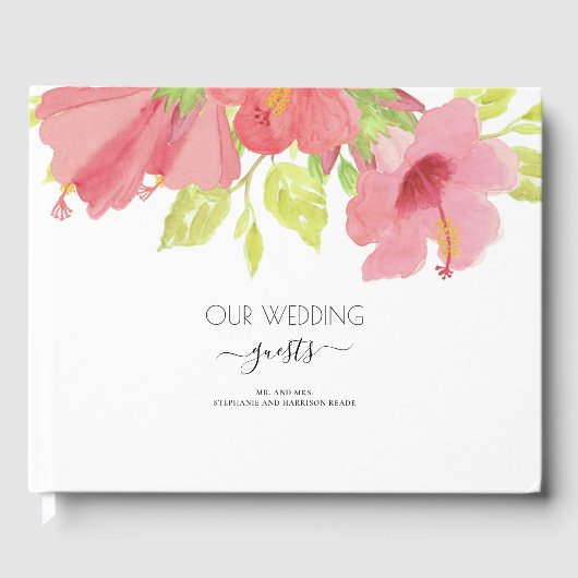 Pink & Green Waterverf Floral Wedding Gastenboek (Voorkant)