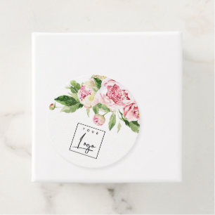 Pink Green Waterverf Peony Floral Business Logo Bedankjes Labels
