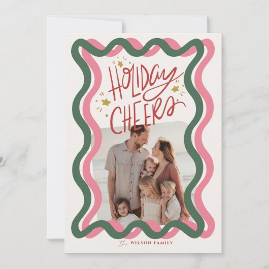 Pink & Green Wavy Lijst 2 Foto Kerst Feestdagenkaart (Voorkant)