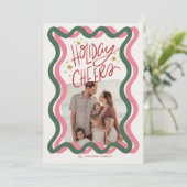 Pink & Green Wavy Lijst 2 Foto Kerst Feestdagenkaart (Staand voorkant)