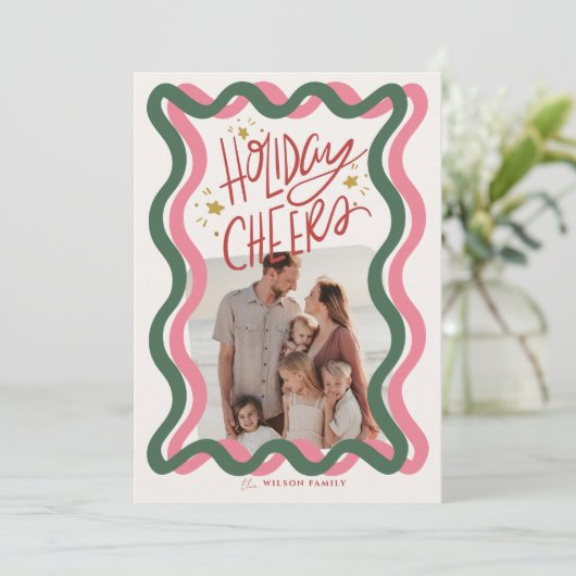 Pink & Green Wavy Lijst 2 Foto Kerst Feestdagenkaart (Staand voorkant)