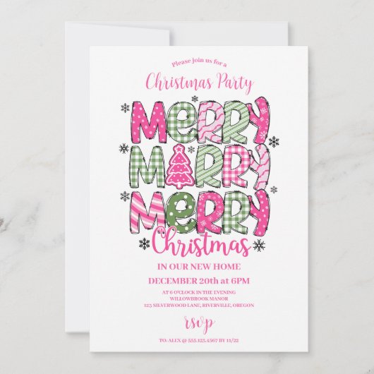 Pink Green Whimsical Christmas Kaart (Voorkant)