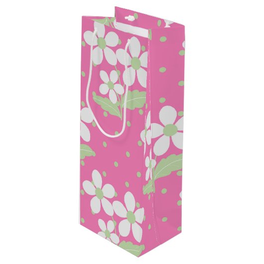 PINK GREEN WHITE DAISY FLOWERS WIJN CADEAUTAS (Voorkant Gekanteld)