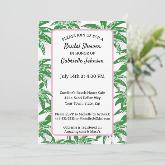 Pink Green White Palm Tree Summer Shower Party Kaart (Staand voorkant)