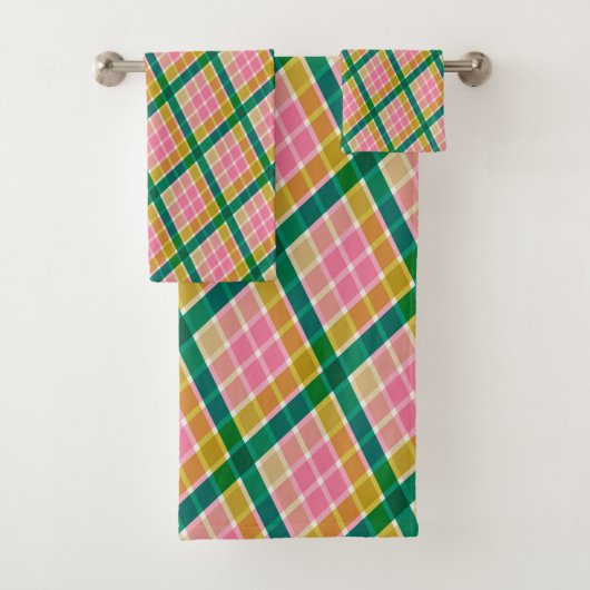 Pink Green Yellow Plaid Bright Modern Preppy Retro Bad Handdoek (Insitu)