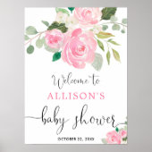 Pink greenery floral girl baby shower welcome sign poster (Voorkant)