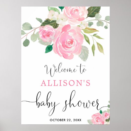 Pink greenery floral girl baby shower welcome sign poster (Voorkant)