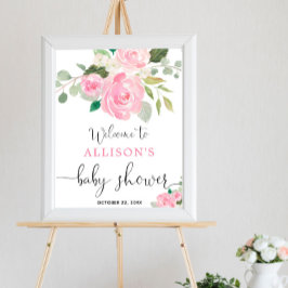 Pink greenery floral girl baby shower welcome sign poster
