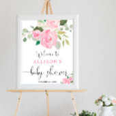 Pink greenery floral girl baby shower welcome sign poster