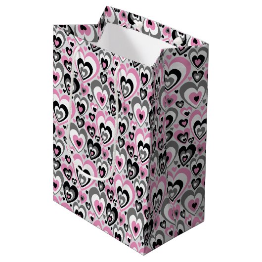 Pink Grey Black Hearts Pattern. Gift Bag Medium Cadeauzakje (Voorkant Gekanteld)