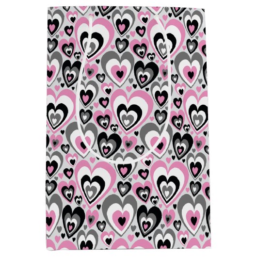 Pink Grey Black Hearts Pattern. Gift Bag Medium Cadeauzakje (Voorkant)