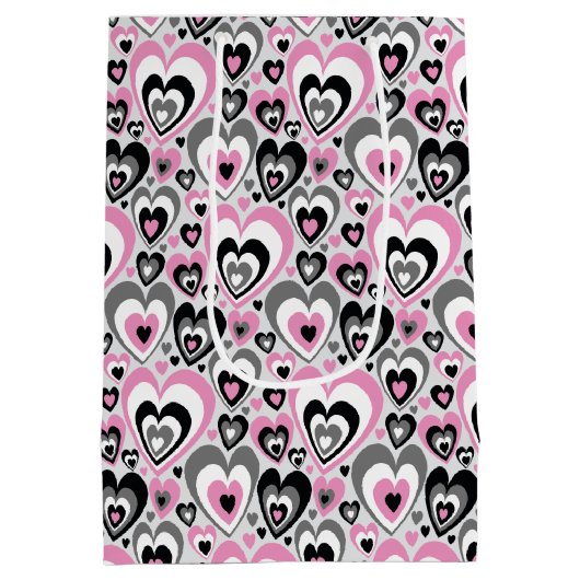 Pink Grey Black Hearts Pattern. Gift Bag Medium Cadeauzakje (Achterkant)
