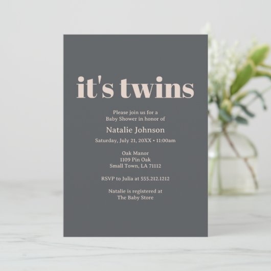 Pink Grey Boho Typography Twins Baby shower Kaart (Staand voorkant)
