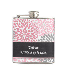 Pink Grey Dahlia Maid of Honor bruiloft party gift Heupfles