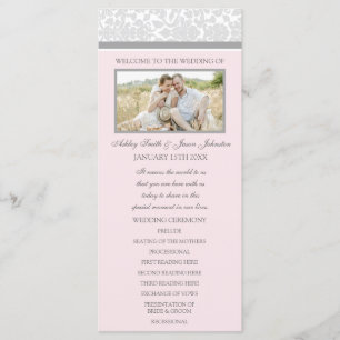Pink Grey Damask Photo Wedding Program Programmakaart