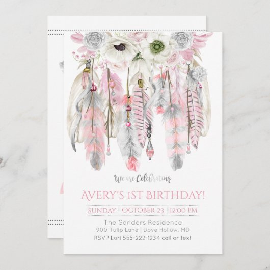 Pink Grey Dream Catcher Floral Feathers Arrows Kaart (Voorkant / Achterkant)