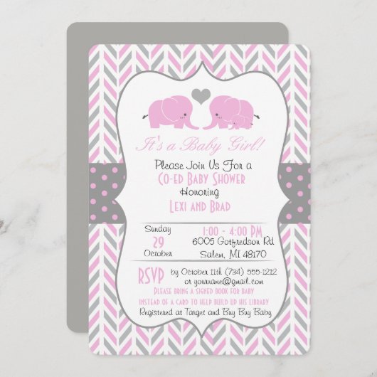 Pink Grey Elephant Baby shower Invitation Kaart (Voorkant / Achterkant)