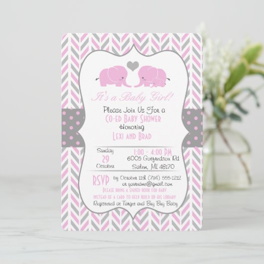 Pink Grey Elephant Baby shower Invitation Kaart (Staand voorkant)