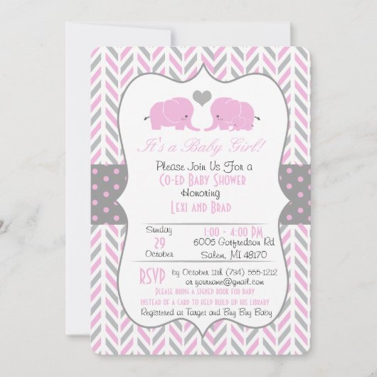 Pink Grey Elephant Baby shower Invitation Kaart (Voorkant)