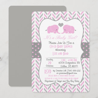 Pink Grey Elephant Baby shower Invitation Kaart