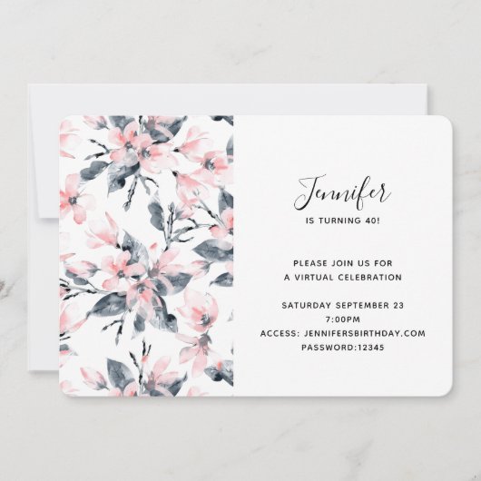 Pink & Grey Floral Waterverf Patroon Virtueel Kaart (Voorkant)
