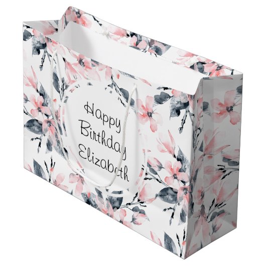 Pink & Grey Floral Waterverf Pattern Birthday Groot Cadeauzakje (Voorkant Gekanteld)