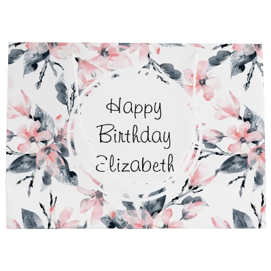 Pink & Grey Floral Waterverf Pattern Birthday Groot Cadeauzakje (Achterkant)