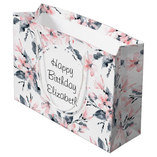 Pink & Grey Floral Waterverf Pattern Birthday Groot Cadeauzakje (Achterkant Gekanteld)