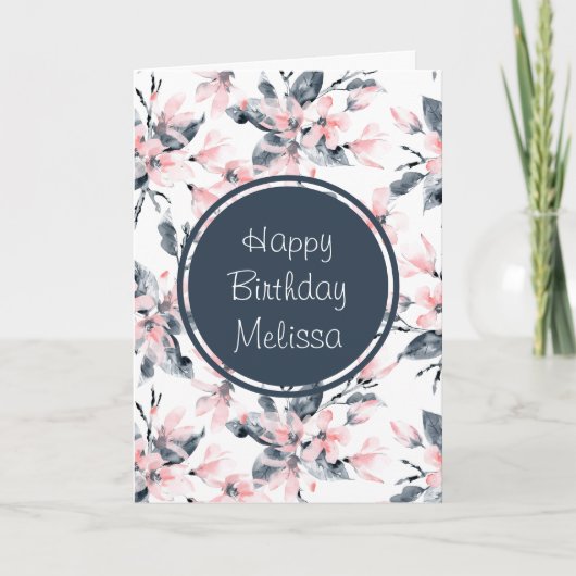 Pink & Grey Floral Waterverf Pattern Birthday Kaart (Voorkant)